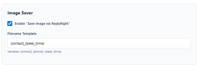 Image Saver settings with enable toggle and filename template