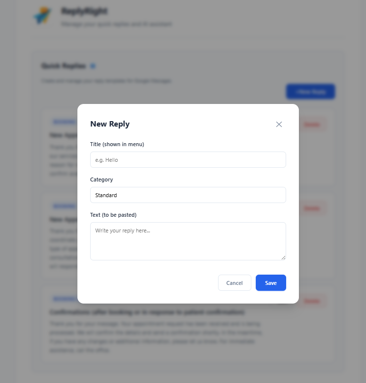 New Reply dialog with Title, Category, and Text fields