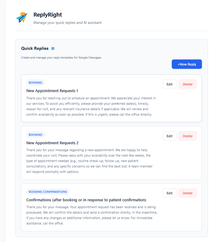 ReplyRight Quick Replies dashboard showing template list with categories